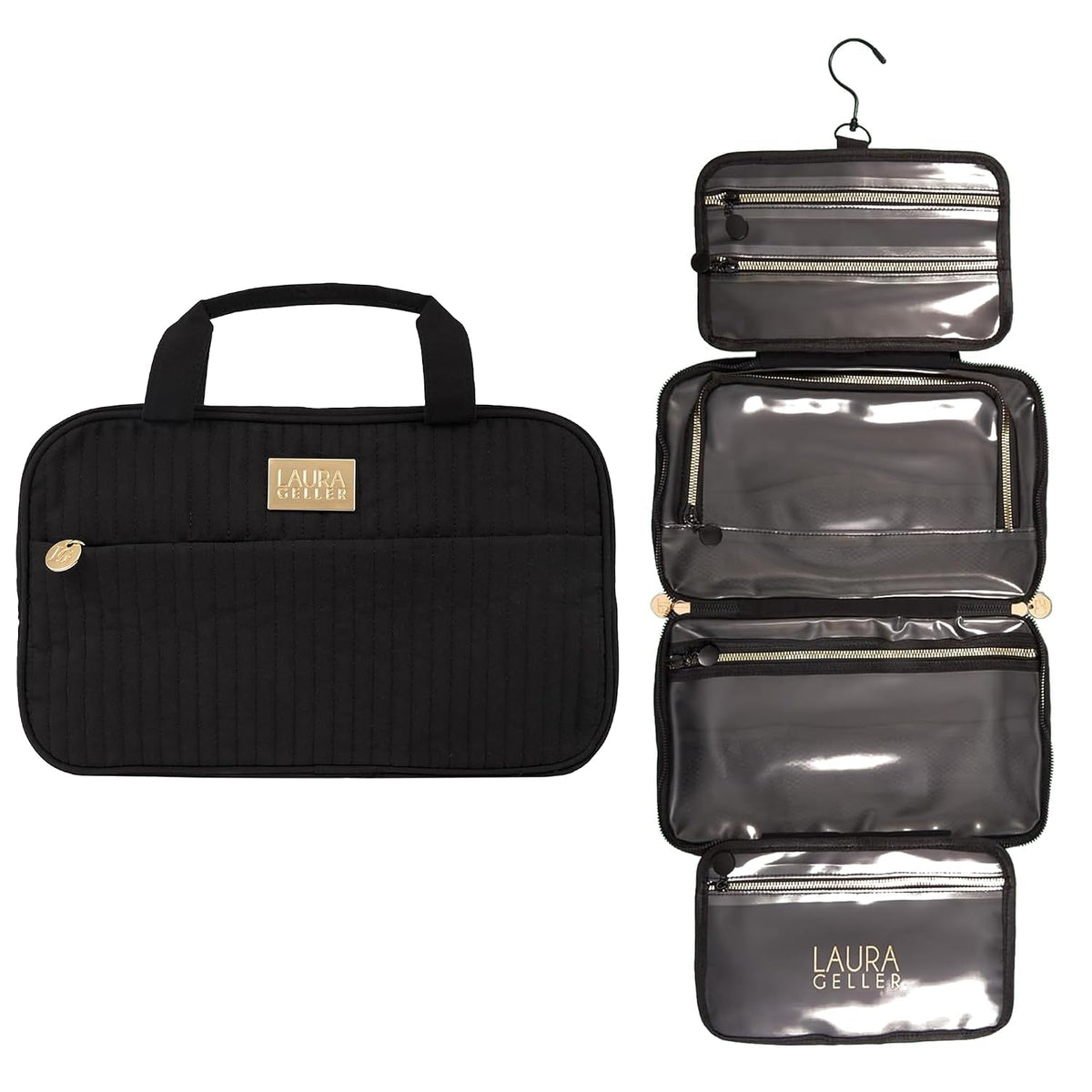 NEW YORK Quilted Folding Travel Makeup Bag, Black - Hanging Toiletry Bag Organizer for Travel - Large Capacity Full Size Makeup Bag - Easy to Clean