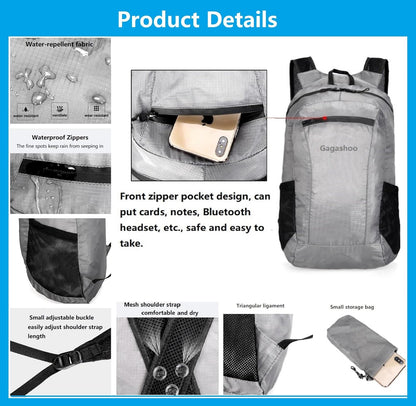 Ultra Foldable Hiking Daypack，Packable Backpack Travel, Gray | Small Lightweight Collapsible Back Pack for Women Men ,Skin Casual Camping Cycling Outdoor Day Bags Useful,Wear-Resistant