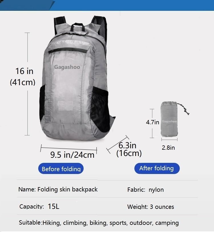 Ultra Foldable Hiking Daypack，Packable Backpack Travel, Gray | Small Lightweight Collapsible Back Pack for Women Men ,Skin Casual Camping Cycling Outdoor Day Bags Useful,Wear-Resistant