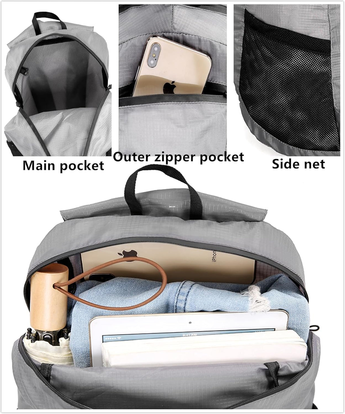 Ultra Foldable Hiking Daypack，Packable Backpack Travel, Gray | Small Lightweight Collapsible Back Pack for Women Men ,Skin Casual Camping Cycling Outdoor Day Bags Useful,Wear-Resistant