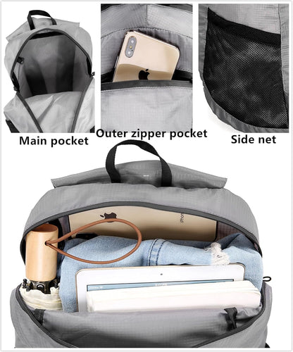 Ultra Foldable Hiking Daypack，Packable Backpack Travel, Gray | Small Lightweight Collapsible Back Pack for Women Men ,Skin Casual Camping Cycling Outdoor Day Bags Useful,Wear-Resistant