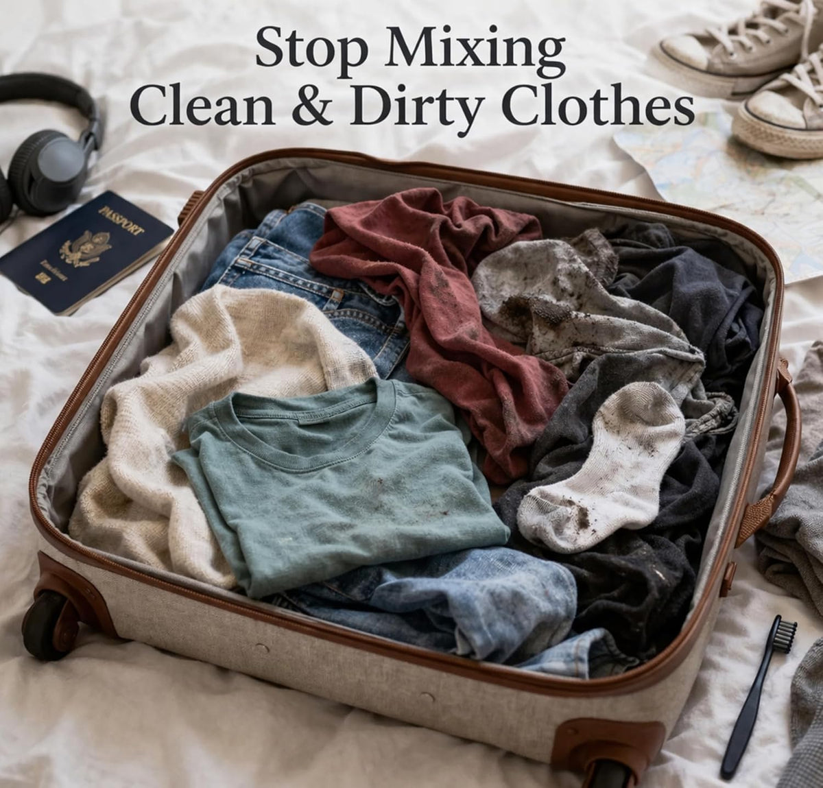 Wear Me Wash Me Travel Laundry Bag - 2-Sided Clean and Dirty Clothes Organizer Pouch for Suitcase, Carry-On and Trips