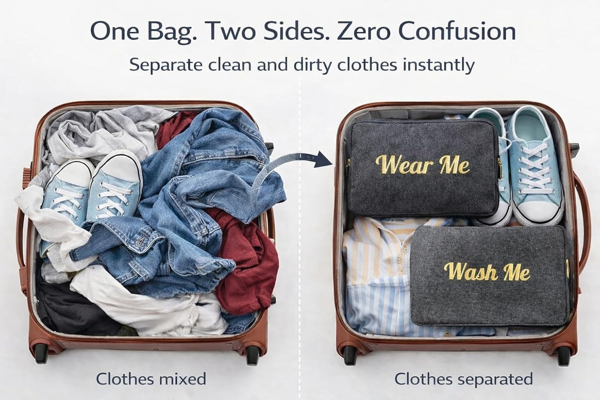 Wear Me Wash Me Travel Laundry Bag - 2-Sided Clean and Dirty Clothes Organizer Pouch for Suitcase, Carry-On and Trips