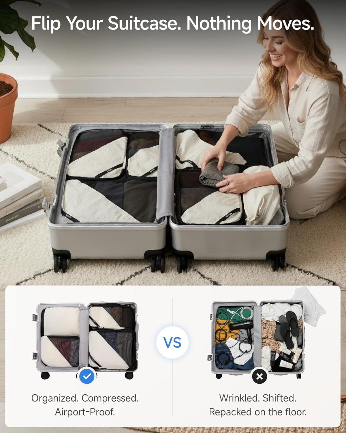 LUGGEX Compression Packing Cubes for Travel, Lightweight Luggage Organizer Bags with Shoe Bag, Space Saving Suitcase Packing Cubes for Carry-On with Breathable Mesh, Double-Zipper (POX01, Beige)