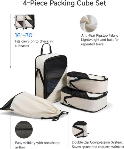 LUGGEX Compression Packing Cubes for Travel, Lightweight Luggage Organizer Bags with Shoe Bag, Space Saving Suitcase Packing Cubes for Carry-On with Breathable Mesh, Double-Zipper (POX01, Beige)