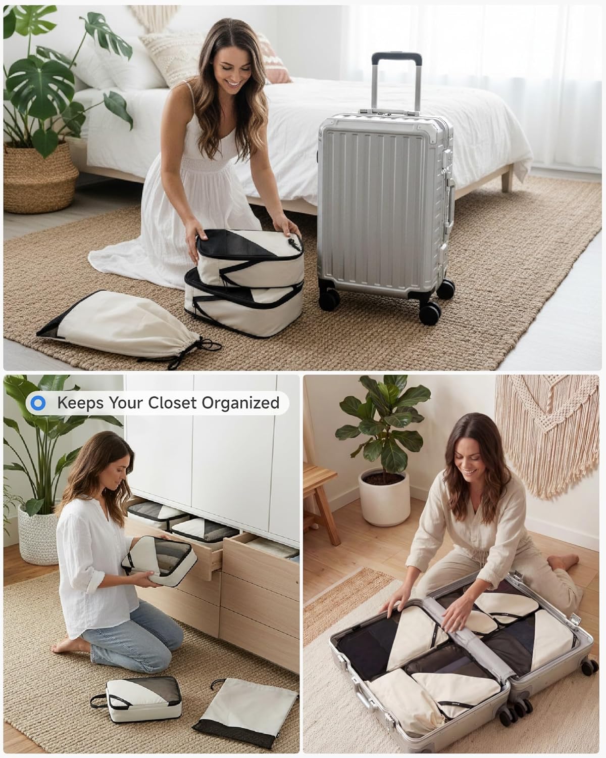 LUGGEX Compression Packing Cubes for Travel, Lightweight Luggage Organizer Bags with Shoe Bag, Space Saving Suitcase Packing Cubes for Carry-On with Breathable Mesh, Double-Zipper (POX01, Beige)