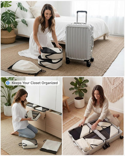 LUGGEX Compression Packing Cubes for Travel, Lightweight Luggage Organizer Bags with Shoe Bag, Space Saving Suitcase Packing Cubes for Carry-On with Breathable Mesh, Double-Zipper (POX01, Beige)