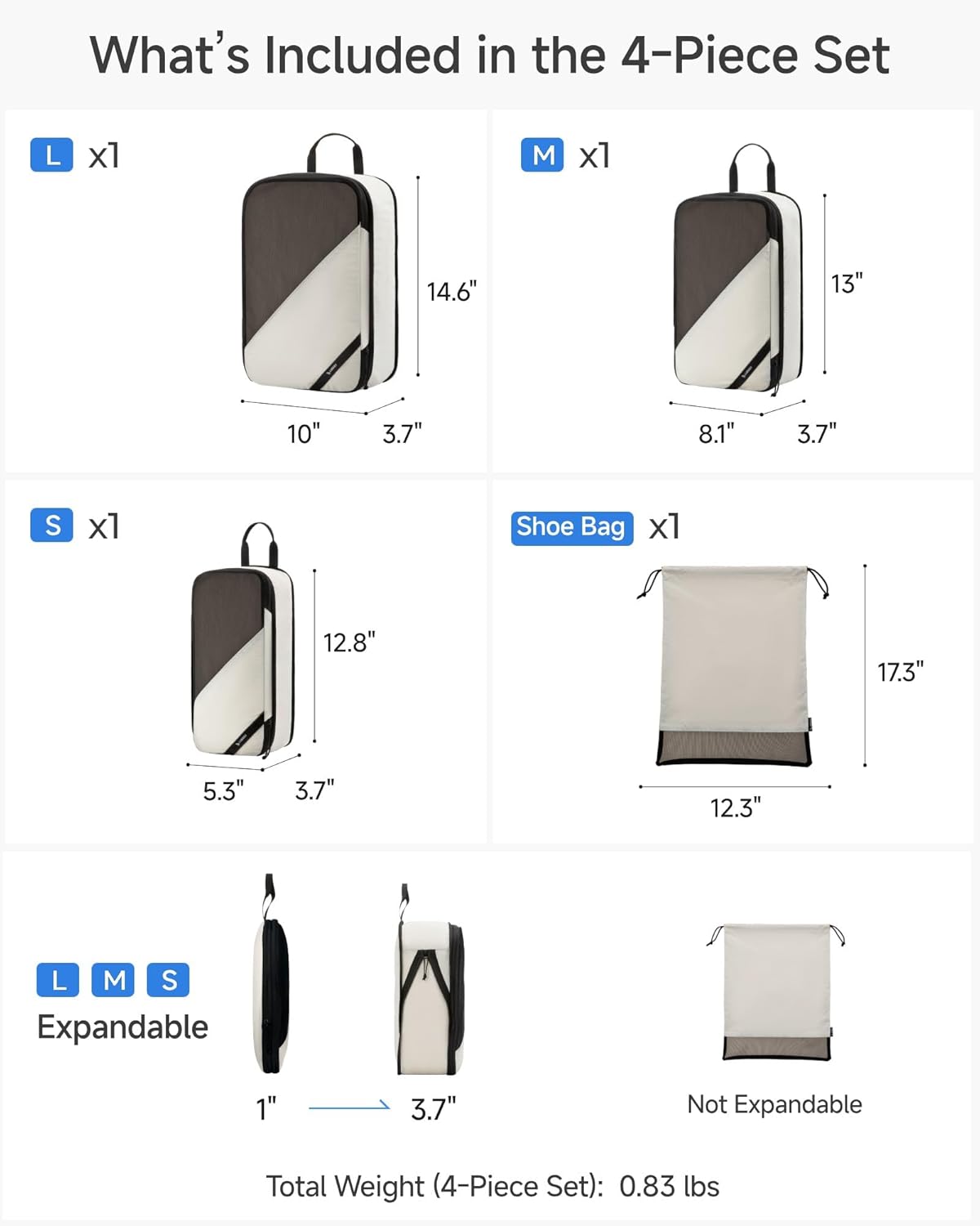 LUGGEX Compression Packing Cubes for Travel, Lightweight Luggage Organizer Bags with Shoe Bag, Space Saving Suitcase Packing Cubes for Carry-On with Breathable Mesh, Double-Zipper (POX01, Beige)