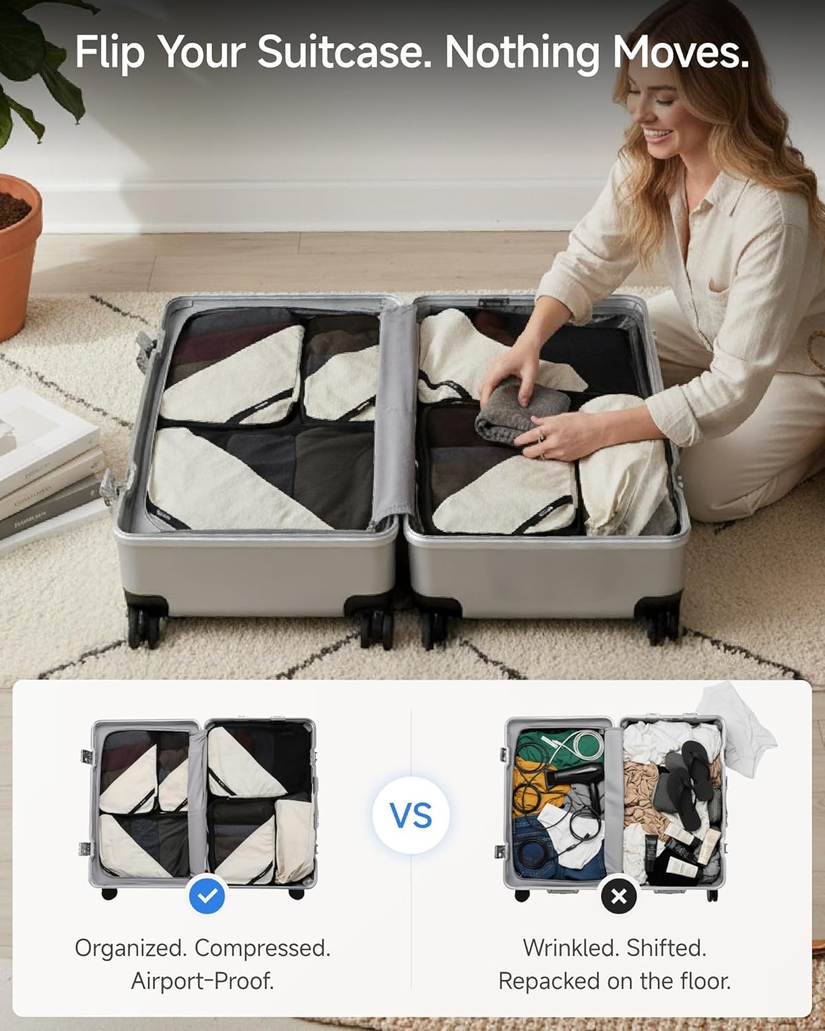 LUGGEX Compression Packing Cubes for Travel, Lightweight Luggage Organizer Bags with Shoe Bag, Space Saving Suitcase Packing Cubes for Carry-On with Breathable Mesh, Double-Zipper (POX01, Beige)