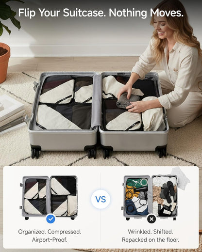 LUGGEX Compression Packing Cubes for Travel, Lightweight Luggage Organizer Bags with Shoe Bag, Space Saving Suitcase Packing Cubes for Carry-On with Breathable Mesh, Double-Zipper (POX01, Beige)