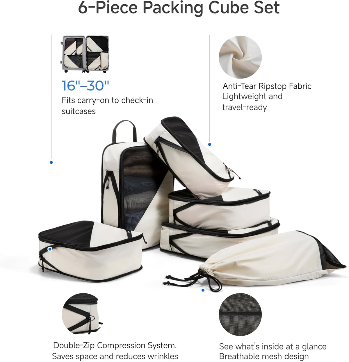 LUGGEX Compression Packing Cubes for Travel, Lightweight Luggage Organizer Bags with Shoe Bag, Space Saving Suitcase Packing Cubes for Carry-On with Breathable Mesh, Double-Zipper (POX01, Beige)