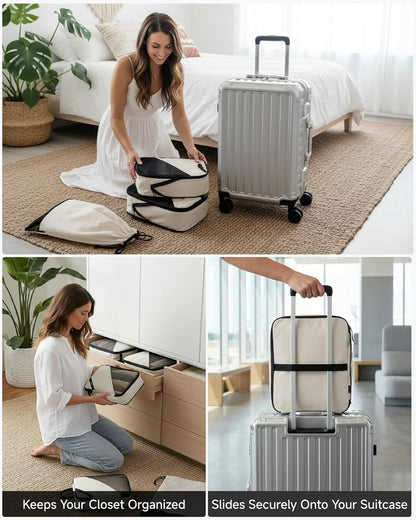 LUGGEX Compression Packing Cubes for Travel, Lightweight Luggage Organizer Bags with Shoe Bag, Space Saving Suitcase Packing Cubes for Carry-On with Breathable Mesh, Double-Zipper (POX01, Beige)