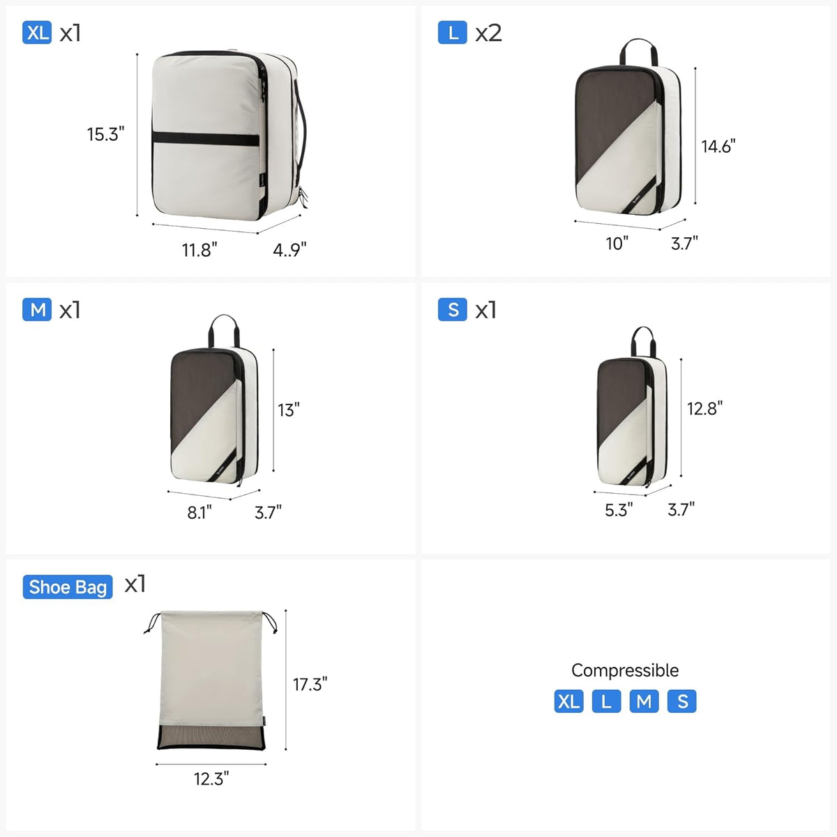 LUGGEX Compression Packing Cubes for Travel, Lightweight Luggage Organizer Bags with Shoe Bag, Space Saving Suitcase Packing Cubes for Carry-On with Breathable Mesh, Double-Zipper (POX01, Beige)