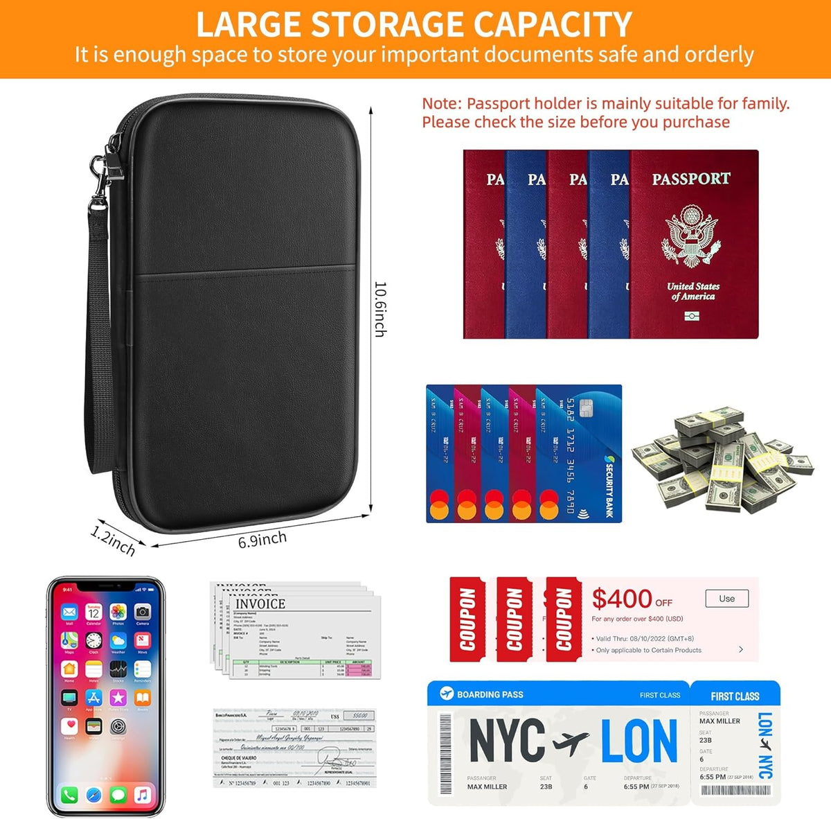 2500℉ Fireproof Family Passport Holder Upgraded Material | RFID Blocking Travel Passport Wallet with 2 Pockets,Travel Document Organizer Case for Passport,Card and Money