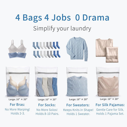4Pcs Durable Fine Mesh Laundry Bags for Delicates 16 x 20 Inches | (4 Large)