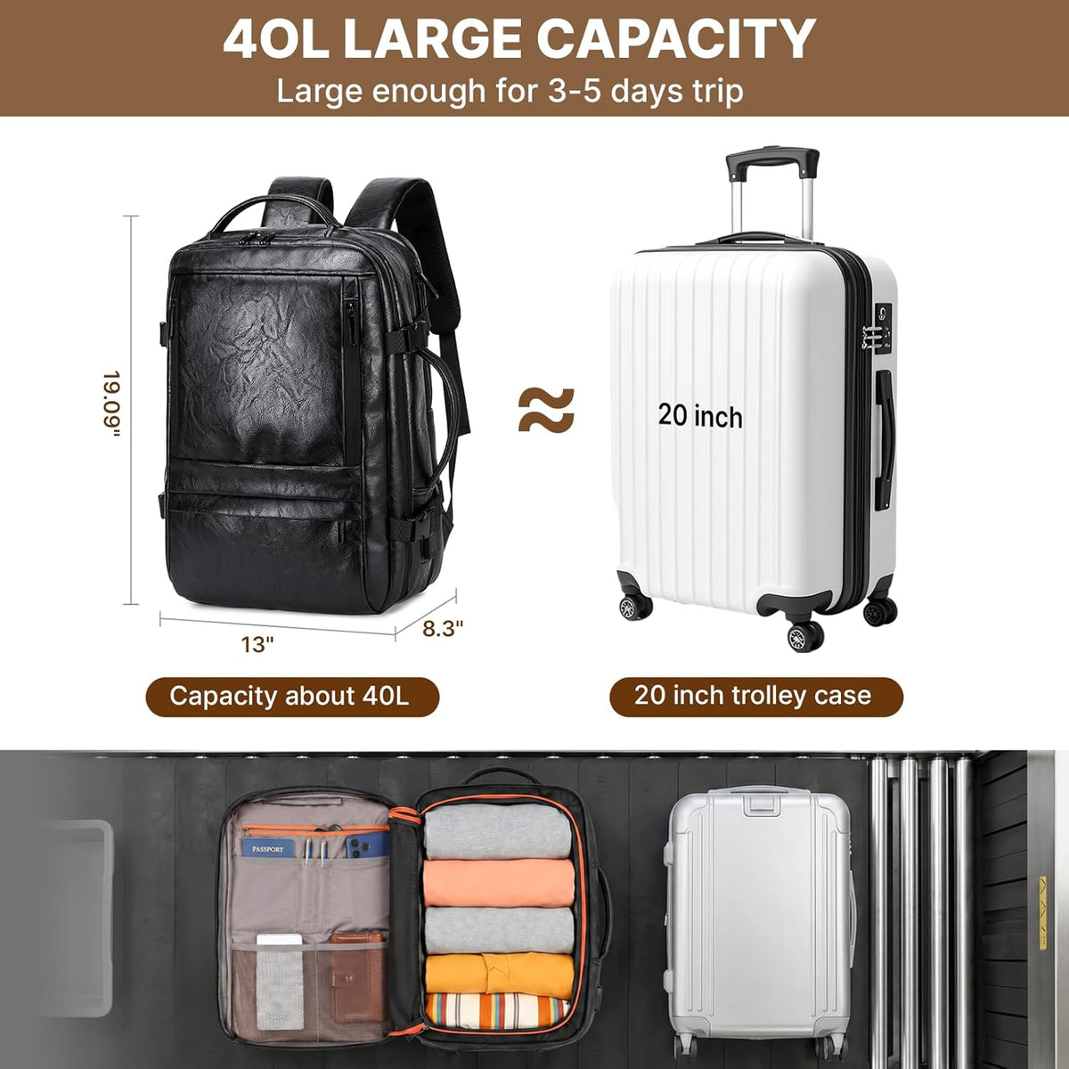Carry On Backpack, 40L Expandable Travel Backpack with Laptop Compartment, Water Resistant Business Travel Bags Airline Approved for Men Women Weekend Trip (Black)