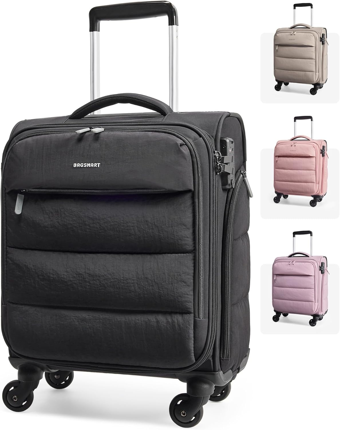 Underseat Carry on Luggage with Wheels, Soft Small Travel Luggage with PVC Wet/Dry Pockets, Lightweight Soft Personal Item Suitcase for Short Trip, Black