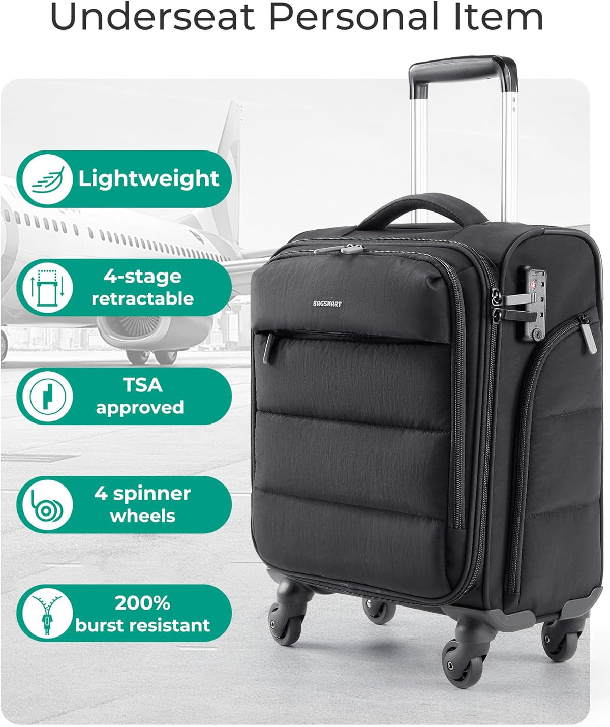 Underseat Carry on Luggage with Wheels, Soft Small Travel Luggage with PVC Wet/Dry Pockets, Lightweight Soft Personal Item Suitcase for Short Trip, Black