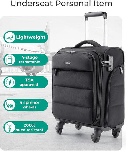 Underseat Carry on Luggage with Wheels, Soft Small Travel Luggage with PVC Wet/Dry Pockets, Lightweight Soft Personal Item Suitcase for Short Trip, Black