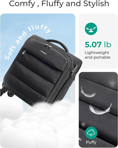 Underseat Carry on Luggage with Wheels, Soft Small Travel Luggage with PVC Wet/Dry Pockets, Lightweight Soft Personal Item Suitcase for Short Trip, Black