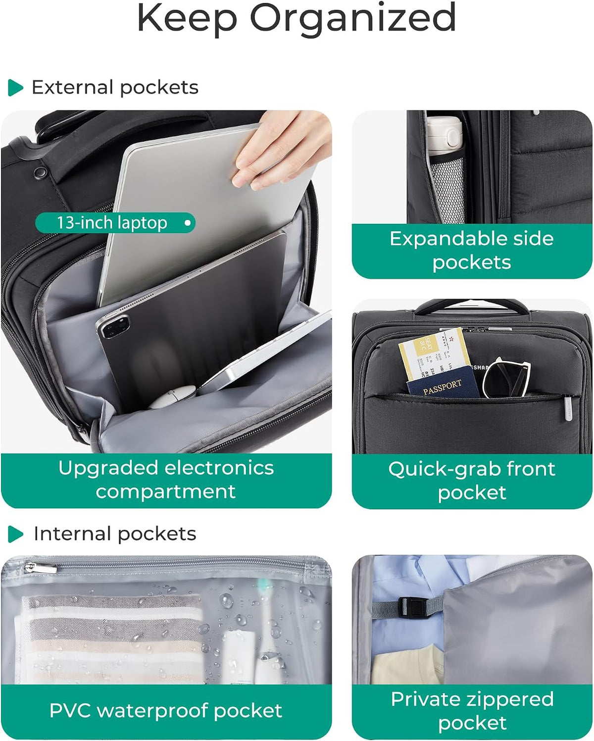 Underseat Carry on Luggage with Wheels, Soft Small Travel Luggage with PVC Wet/Dry Pockets, Lightweight Soft Personal Item Suitcase for Short Trip, Black