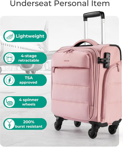 Underseat Carry on Luggage with Wheels, Soft Small Travel Luggage with PVC Wet/Dry Pockets, Lightweight Soft Personal Item Suitcase for Short Trip, Black