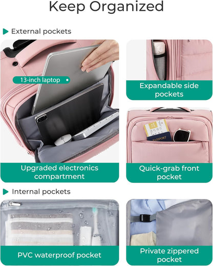 Underseat Carry on Luggage with Wheels, Soft Small Travel Luggage with PVC Wet/Dry Pockets, Lightweight Soft Personal Item Suitcase for Short Trip, Black