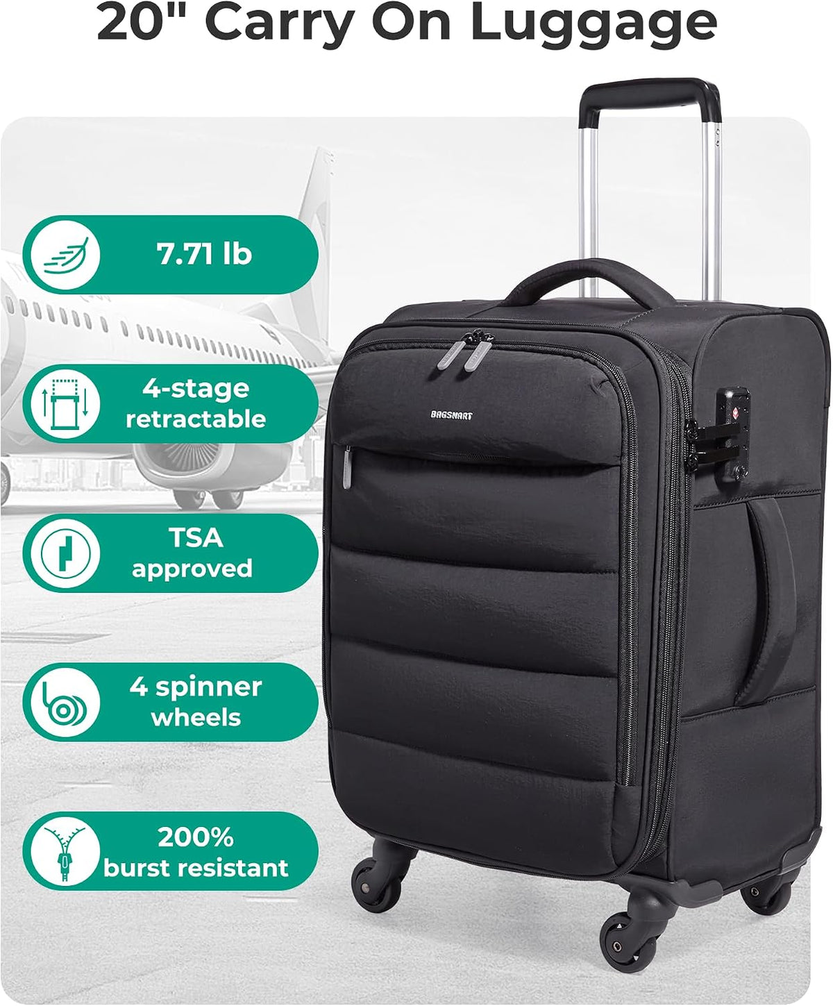 Underseat Carry on Luggage with Wheels, Soft Small Travel Luggage with PVC Wet/Dry Pockets, Lightweight Soft Personal Item Suitcase for Short Trip, Black