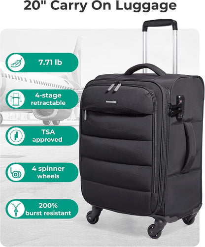 Underseat Carry on Luggage with Wheels, Soft Small Travel Luggage with PVC Wet/Dry Pockets, Lightweight Soft Personal Item Suitcase for Short Trip, Black