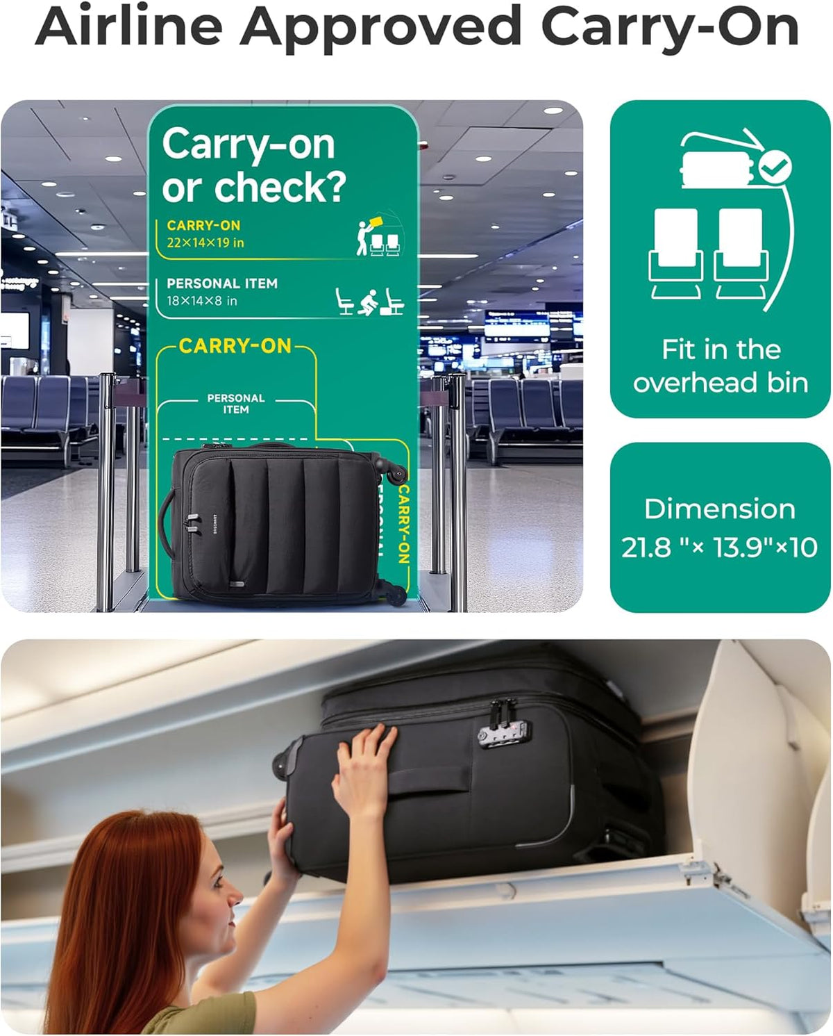 Underseat Carry on Luggage with Wheels, Soft Small Travel Luggage with PVC Wet/Dry Pockets, Lightweight Soft Personal Item Suitcase for Short Trip, Black