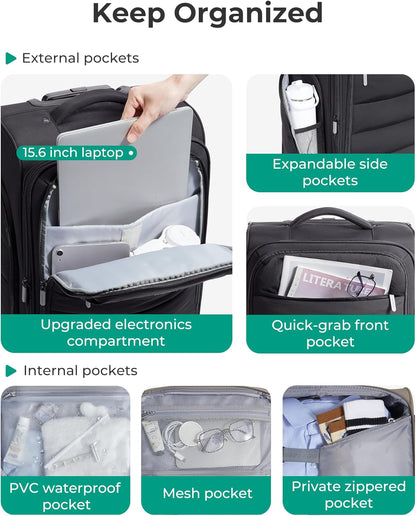 Underseat Carry on Luggage with Wheels, Soft Small Travel Luggage with PVC Wet/Dry Pockets, Lightweight Soft Personal Item Suitcase for Short Trip, Black