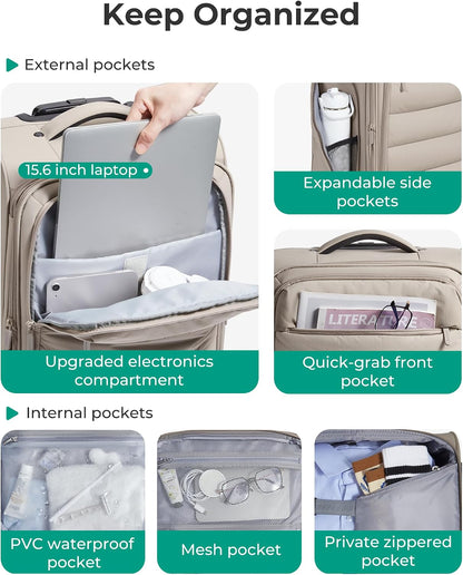 Underseat Carry on Luggage with Wheels, Soft Small Travel Luggage with PVC Wet/Dry Pockets, Lightweight Soft Personal Item Suitcase for Short Trip, Black