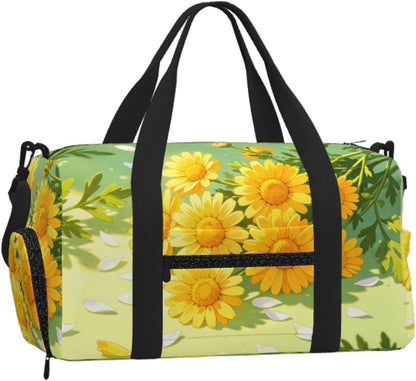 Yellow Daisy Pattern Duffel Bag with Shoe Compartment-Sports Gym Weekender for Men Women, Waterproof Travel Tote with Wet Pocket for Dirty Shoes