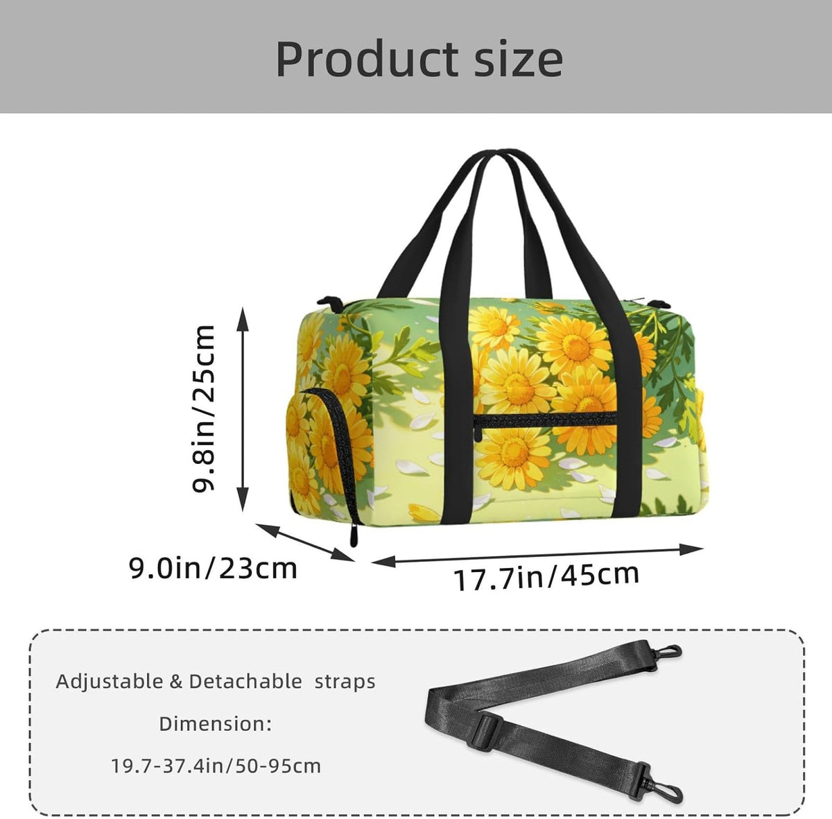 Yellow Daisy Pattern Duffel Bag with Shoe Compartment-Sports Gym Weekender for Men Women, Waterproof Travel Tote with Wet Pocket for Dirty Shoes