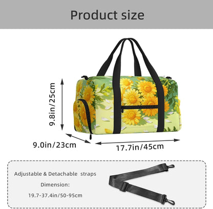 Yellow Daisy Pattern Duffel Bag with Shoe Compartment-Sports Gym Weekender for Men Women, Waterproof Travel Tote with Wet Pocket for Dirty Shoes