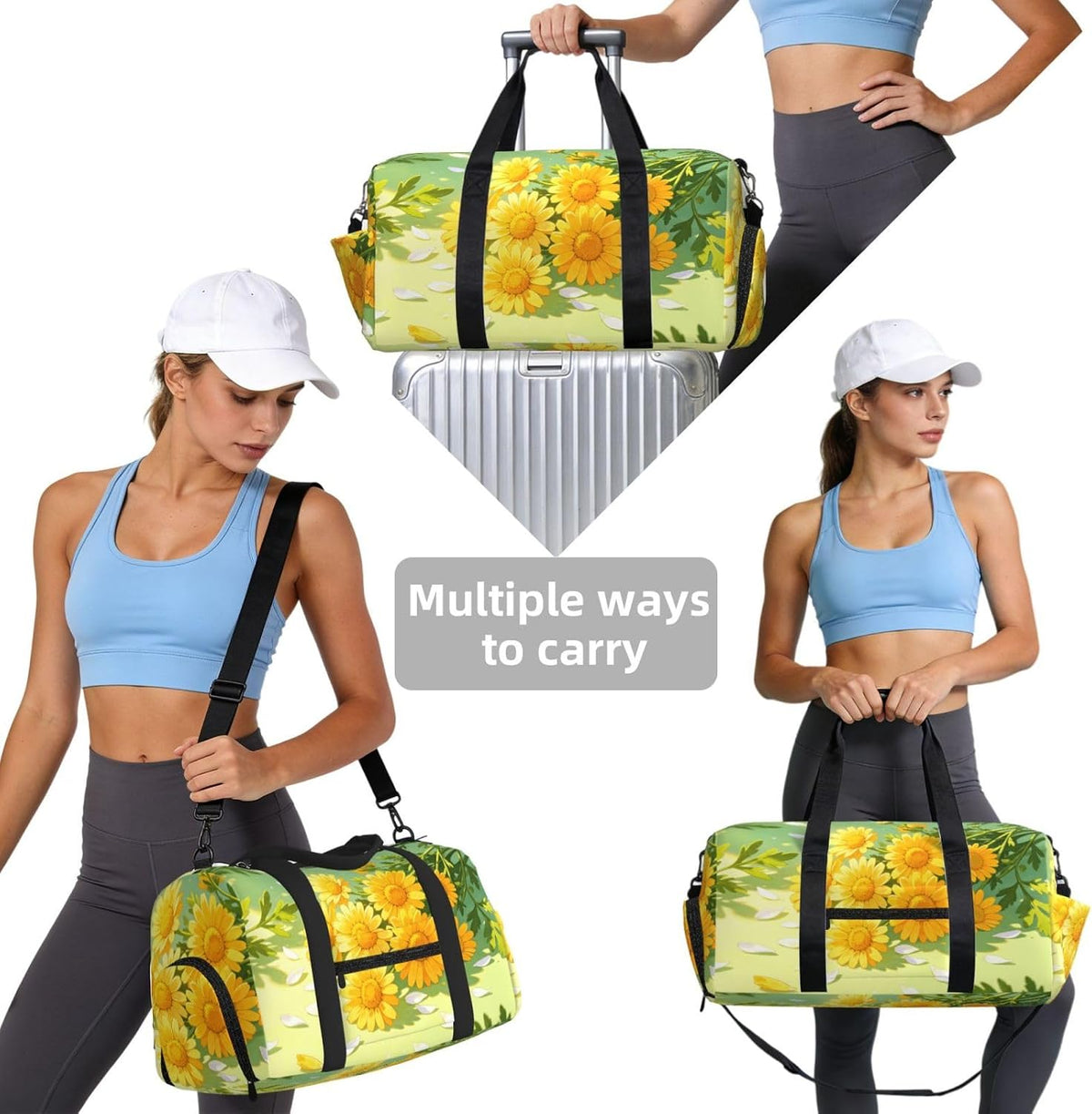 Yellow Daisy Pattern Duffel Bag with Shoe Compartment-Sports Gym Weekender for Men Women, Waterproof Travel Tote with Wet Pocket for Dirty Shoes