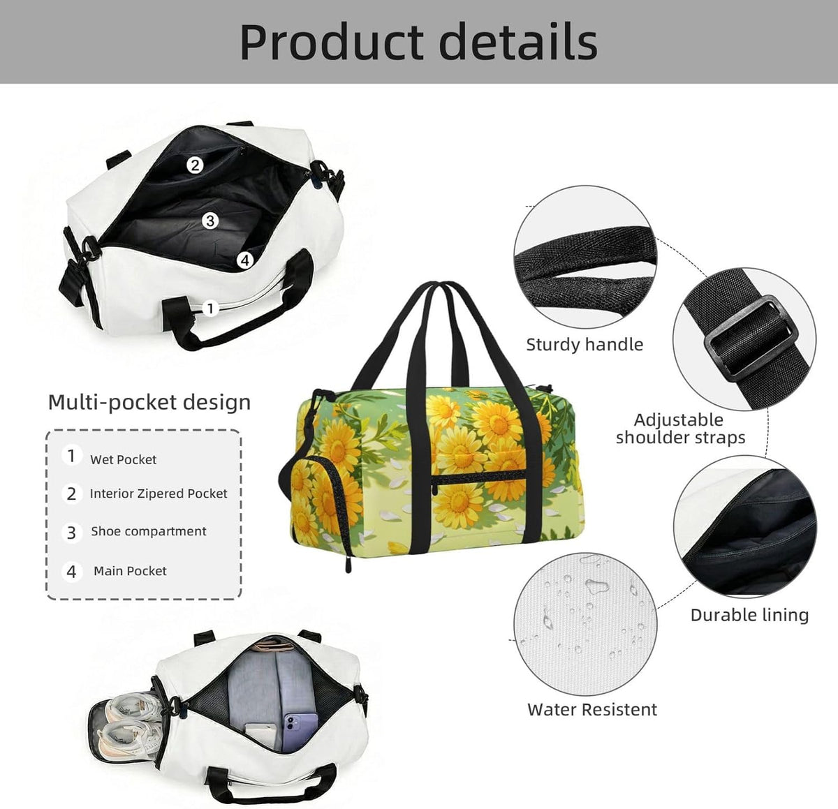 Yellow Daisy Pattern Duffel Bag with Shoe Compartment-Sports Gym Weekender for Men Women, Waterproof Travel Tote with Wet Pocket for Dirty Shoes