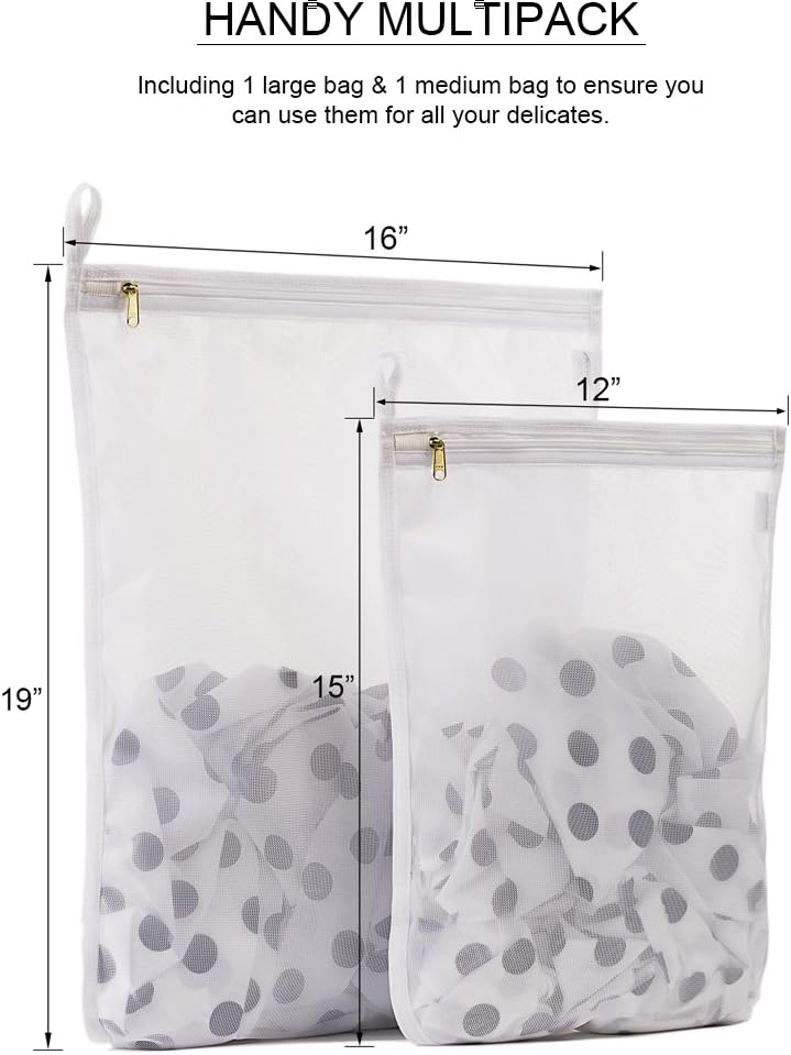 Delicates Laundry Bags, Bra Fine Mesh Wash Bag for Underwear, Lingerie, Bra, Pantyhose, Socks, Use YKK Zipper, Have Hanger Loops (White, 1 Large & 1 Medium)