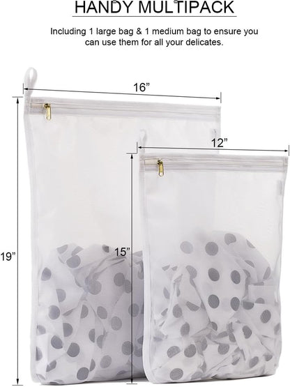 Delicates Laundry Bags, Bra Fine Mesh Wash Bag for Underwear, Lingerie, Bra, Pantyhose, Socks, Use YKK Zipper, Have Hanger Loops (White, 1 Large & 1 Medium)