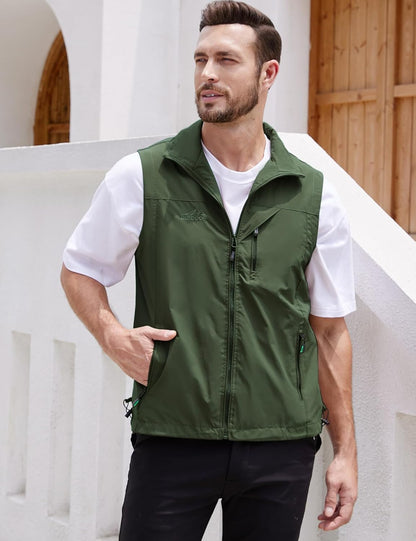 Men's Lightweight Softshell Sleeveless Golf Vest with Zipper Pockets for Travel Hiking Fishing Safari Outwear