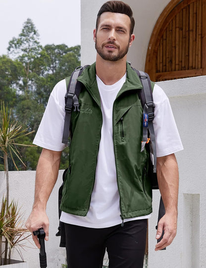 Men's Lightweight Softshell Sleeveless Golf Vest with Zipper Pockets for Travel Hiking Fishing Safari Outwear