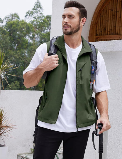 Men's Lightweight Softshell Sleeveless Golf Vest with Zipper Pockets for Travel Hiking Fishing Safari Outwear