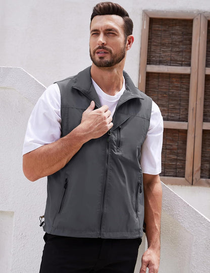 Men's Lightweight Softshell Sleeveless Golf Vest with Zipper Pockets for Travel Hiking Fishing Safari Outwear