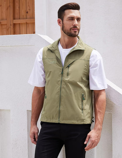 Men's Lightweight Softshell Sleeveless Golf Vest with Zipper Pockets for Travel Hiking Fishing Safari Outwear