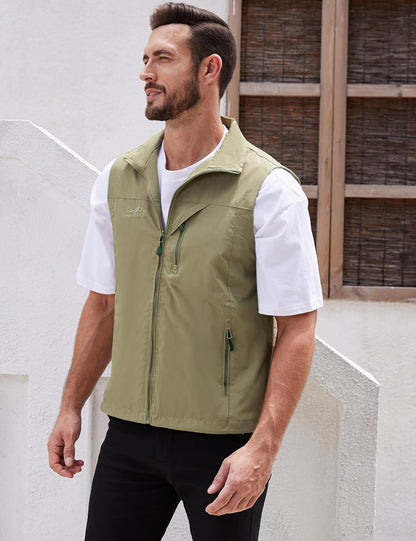 Men's Lightweight Softshell Sleeveless Golf Vest with Zipper Pockets for Travel Hiking Fishing Safari Outwear