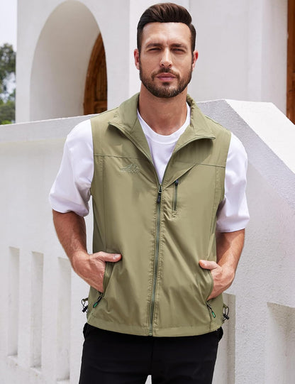 Men's Lightweight Softshell Sleeveless Golf Vest with Zipper Pockets for Travel Hiking Fishing Safari Outwear