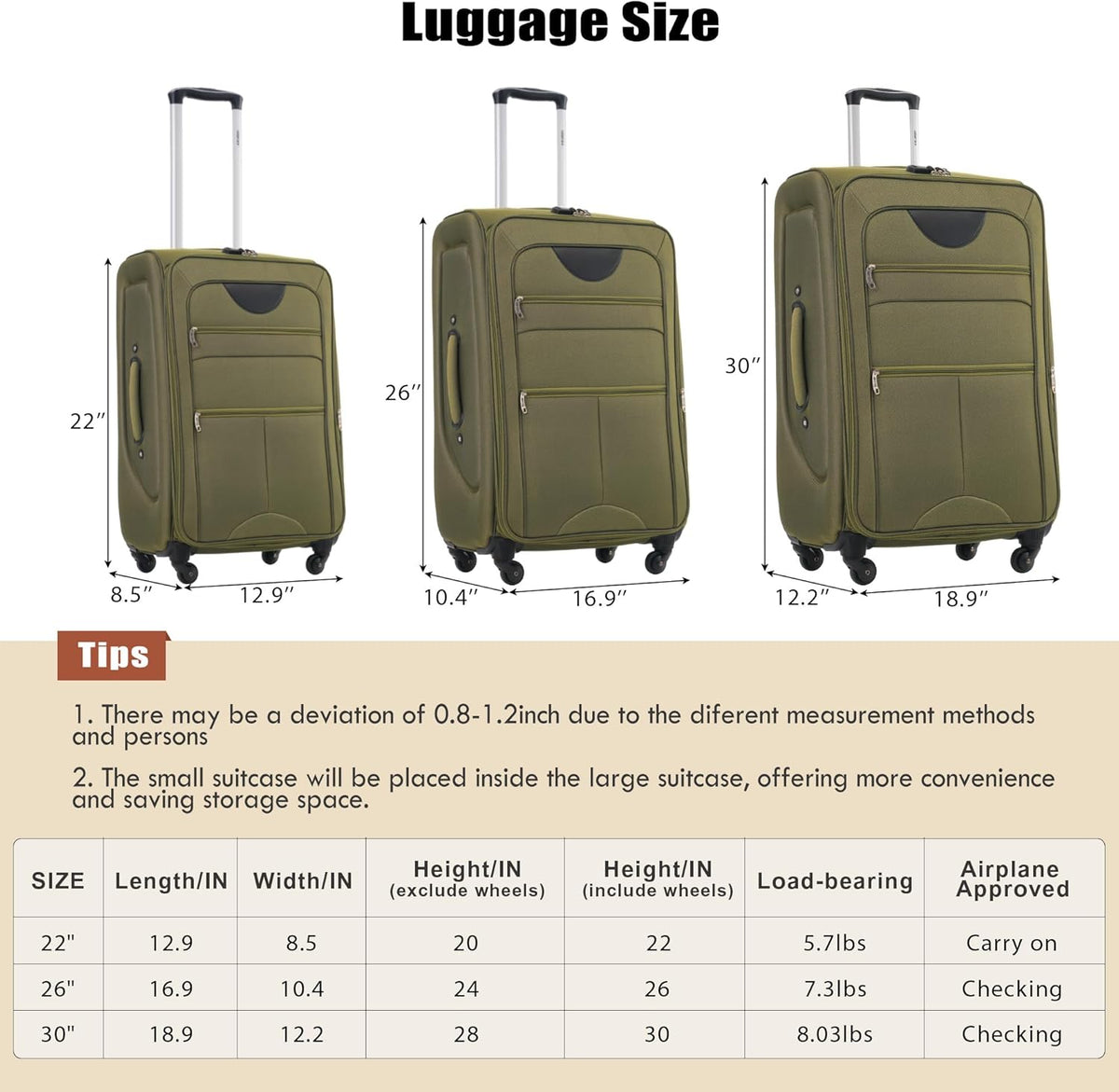 Softside Luggage Set, Travel Suitcase Expandable Lightweight 3 Piece | Luggage Sets with Spinner Wheels 22" 26" 30" Suitcase with TSA Lock (Blue Green)