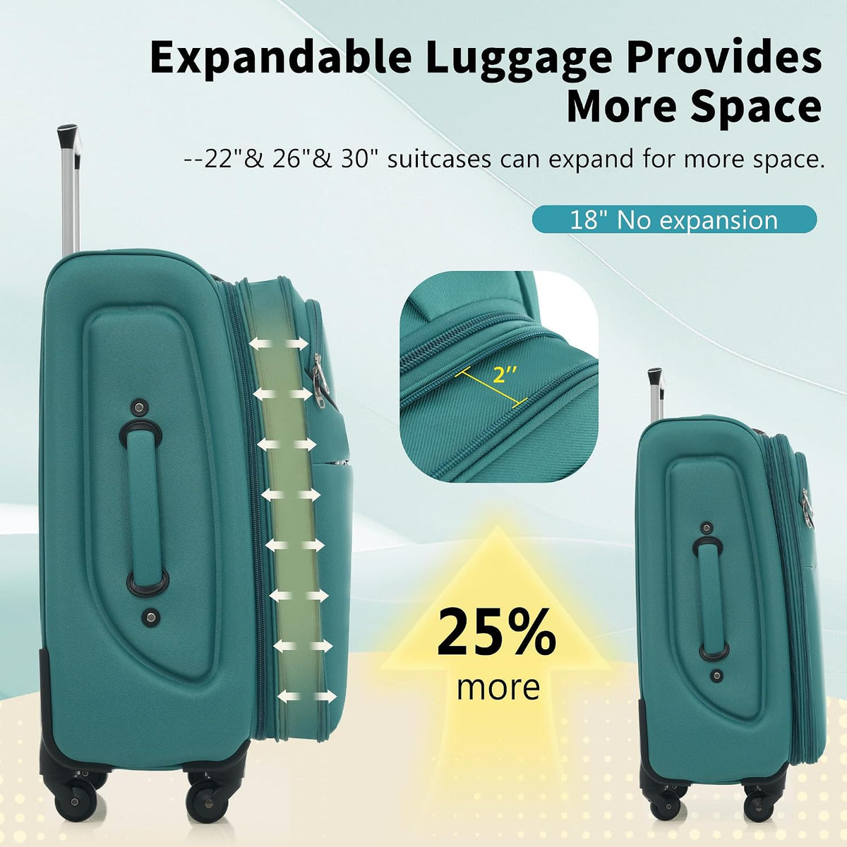 Softside Luggage Set, Travel Suitcase Expandable Lightweight 3 Piece | Luggage Sets with Spinner Wheels 22" 26" 30" Suitcase with TSA Lock (Blue Green)