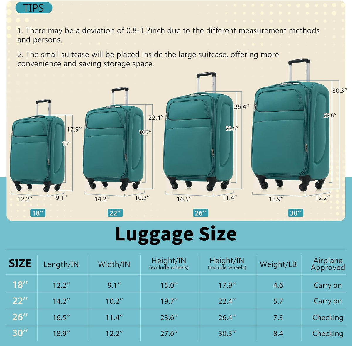Softside Luggage Set, Travel Suitcase Expandable Lightweight 3 Piece | Luggage Sets with Spinner Wheels 22" 26" 30" Suitcase with TSA Lock (Blue Green)