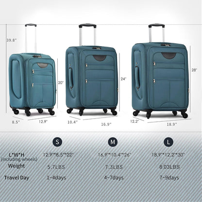 Softside Luggage Set, Travel Suitcase Expandable Lightweight 3 Piece | Luggage Sets with Spinner Wheels 22" 26" 30" Suitcase with TSA Lock (Blue Green)